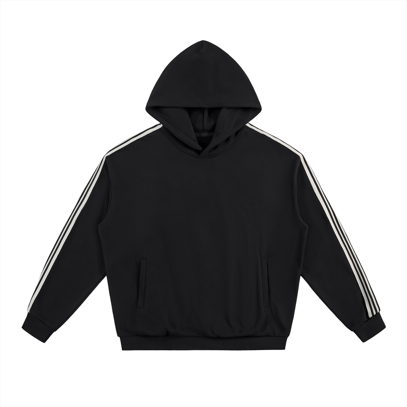Black hoodie with white stripes on sleeves on a white background