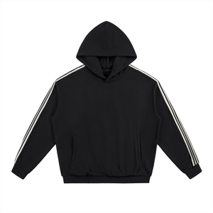 Black hoodie with white stripes on sleeves on a white background