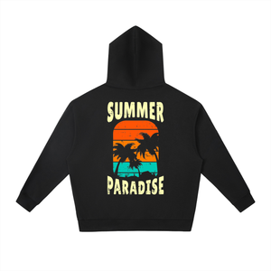 A black long-sleeve hoodie shown from the back, featuring a colorful retro sunset graphic with palm tree silhouettes and the words 'SUMMER PARADISE' in a distressed cream font.