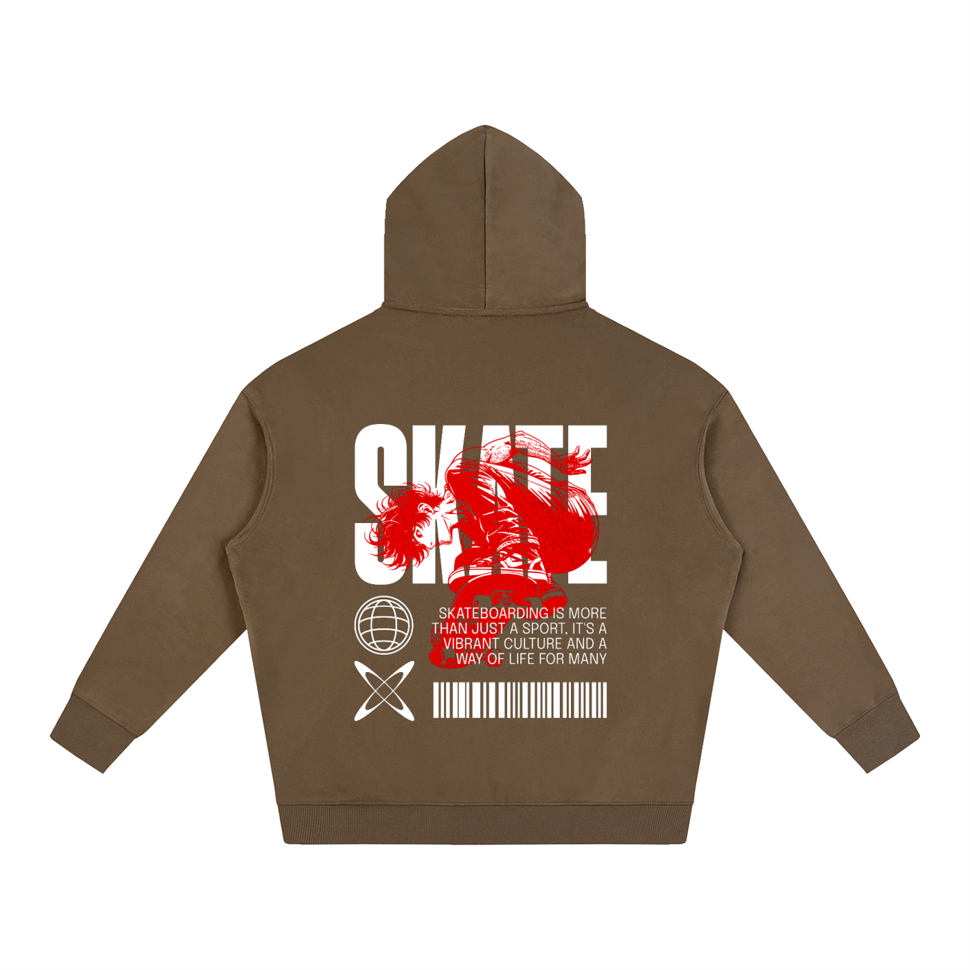 A brown pullover hoodie shown from the back, featuring a large graphic print with the word 'SKATE' in white, a red paint splatter, and a red-and-white text design on a plain white background.