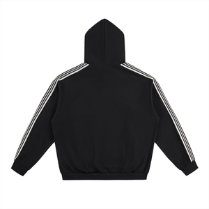 Black hoodie with white stripes on sleeves on a white background