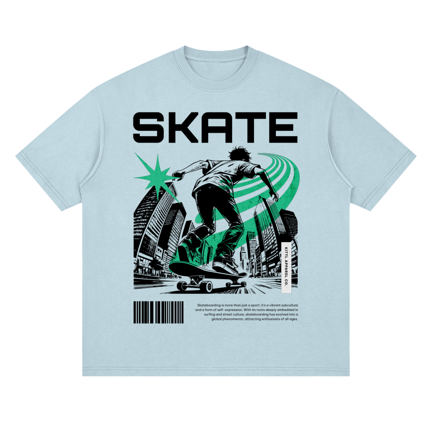 A light blue crewneck t-shirt featuring a large graphic print on the front. The graphic displays the word 'SKATE' in bold black letters above an illustration of a skateboarder in black and green, with a cityscape background, a green starburst, and a barcode with text below.