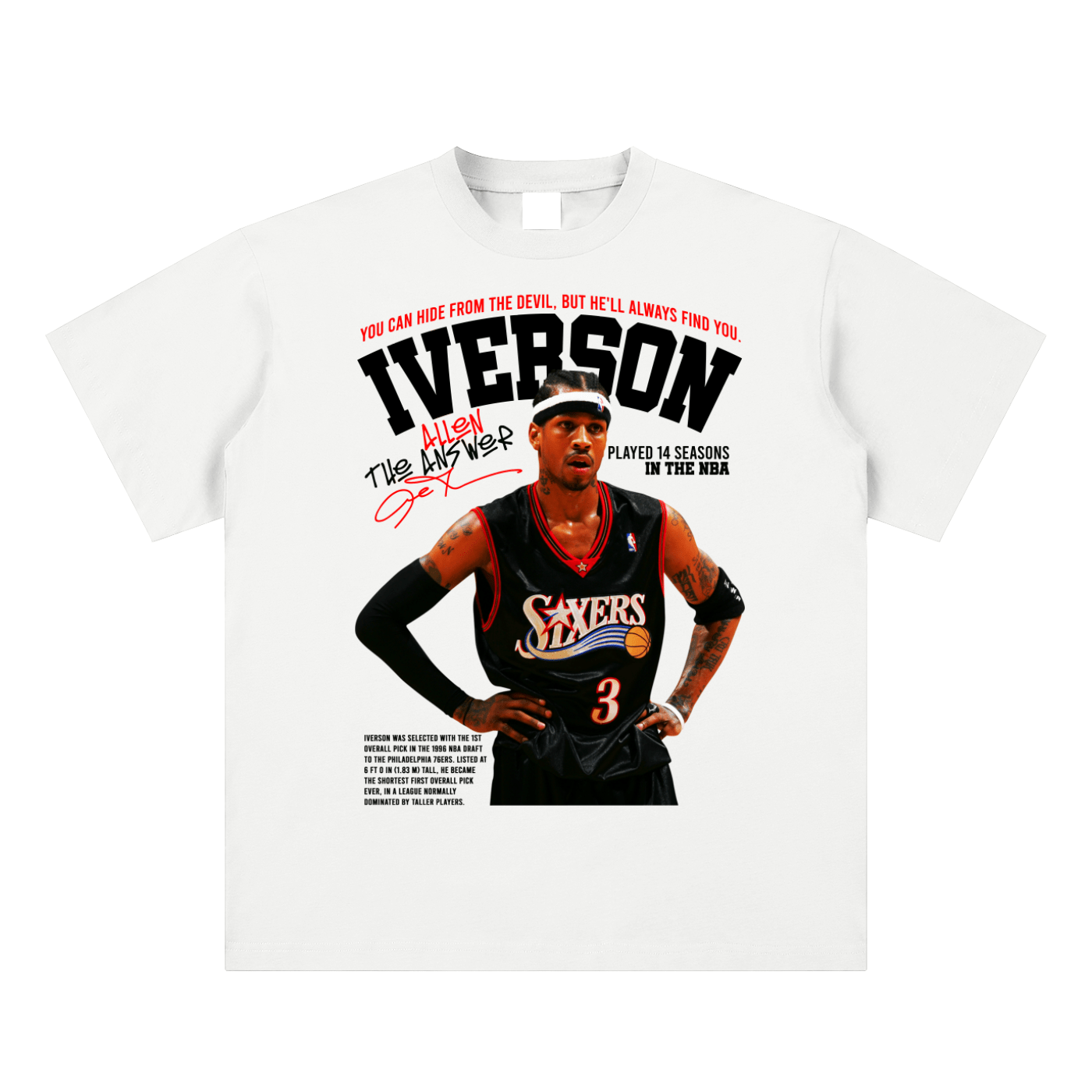 T-shirt with a basketball player graphic and text on a white background