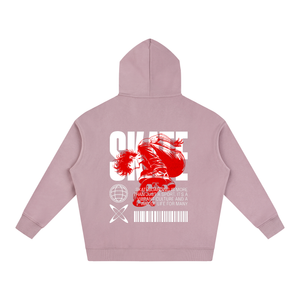 A light pink hoodie shown from the back, featuring a large graphic print with a red anime-style character, white text, and a barcode on a solid white background.