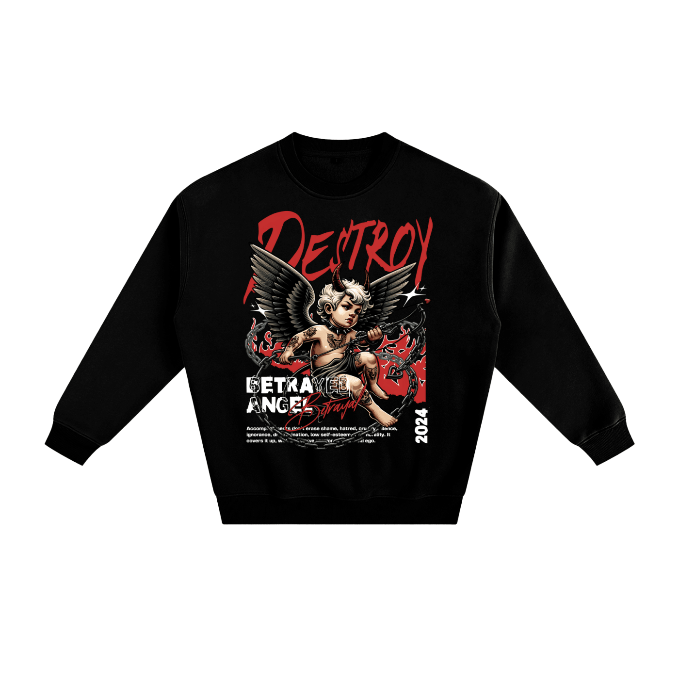 A black crewneck sweatshirt featuring a large graphic print on the front. The graphic displays a winged cherub holding a sword, with the word 'DETRAY' in bold red letters above, 'DETRAI ANGEL' in white and red below, and '2024' printed vertically on the right side.