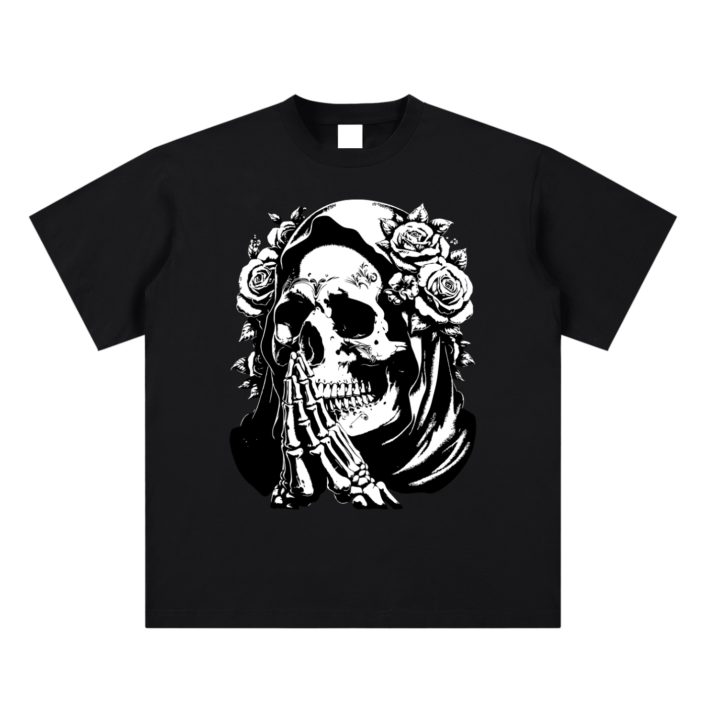 Black t-shirt with a white skull and roses design on a white background