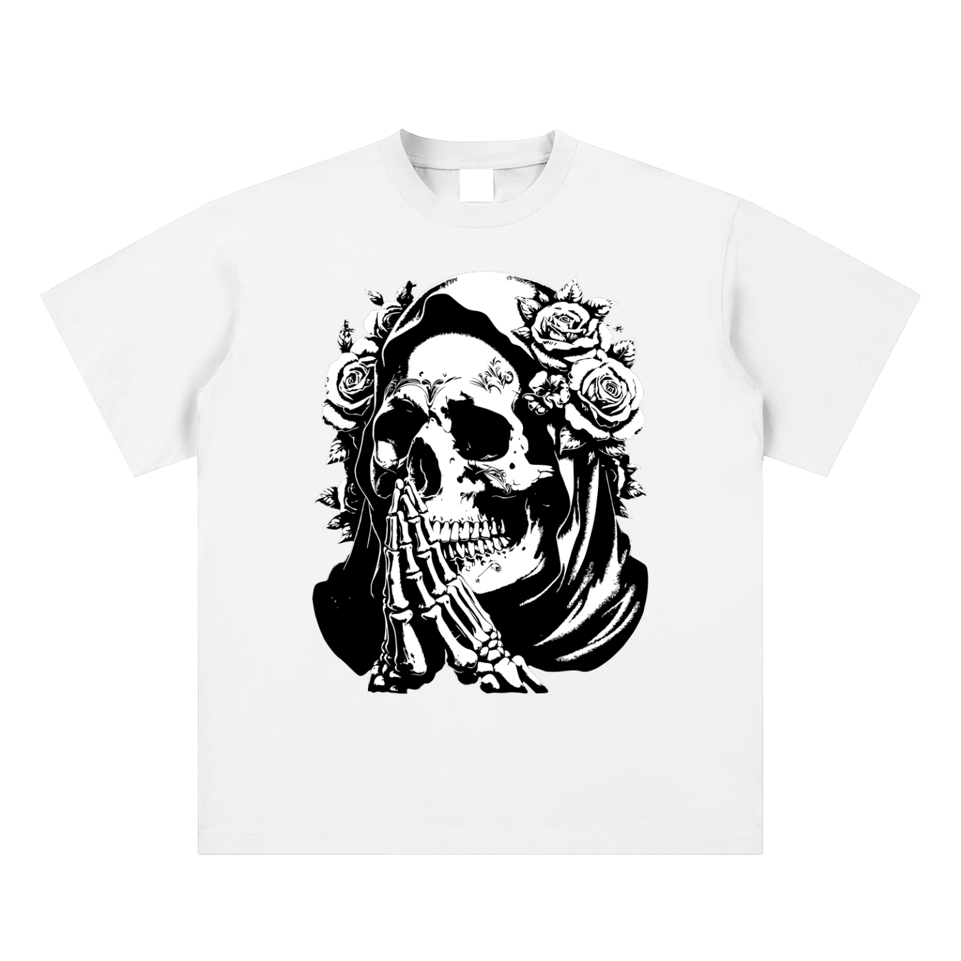 White t-shirt with a black graphic of a skeleton with roses on a white background