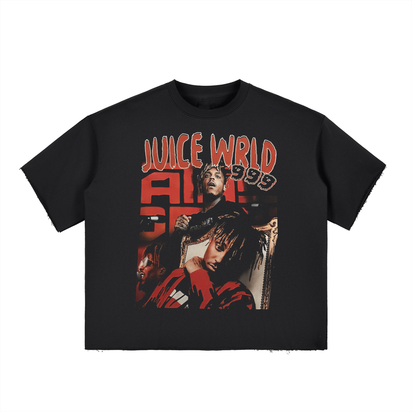 Black t-shirt with 'Juice Wrld All Good' graphic design on a white background