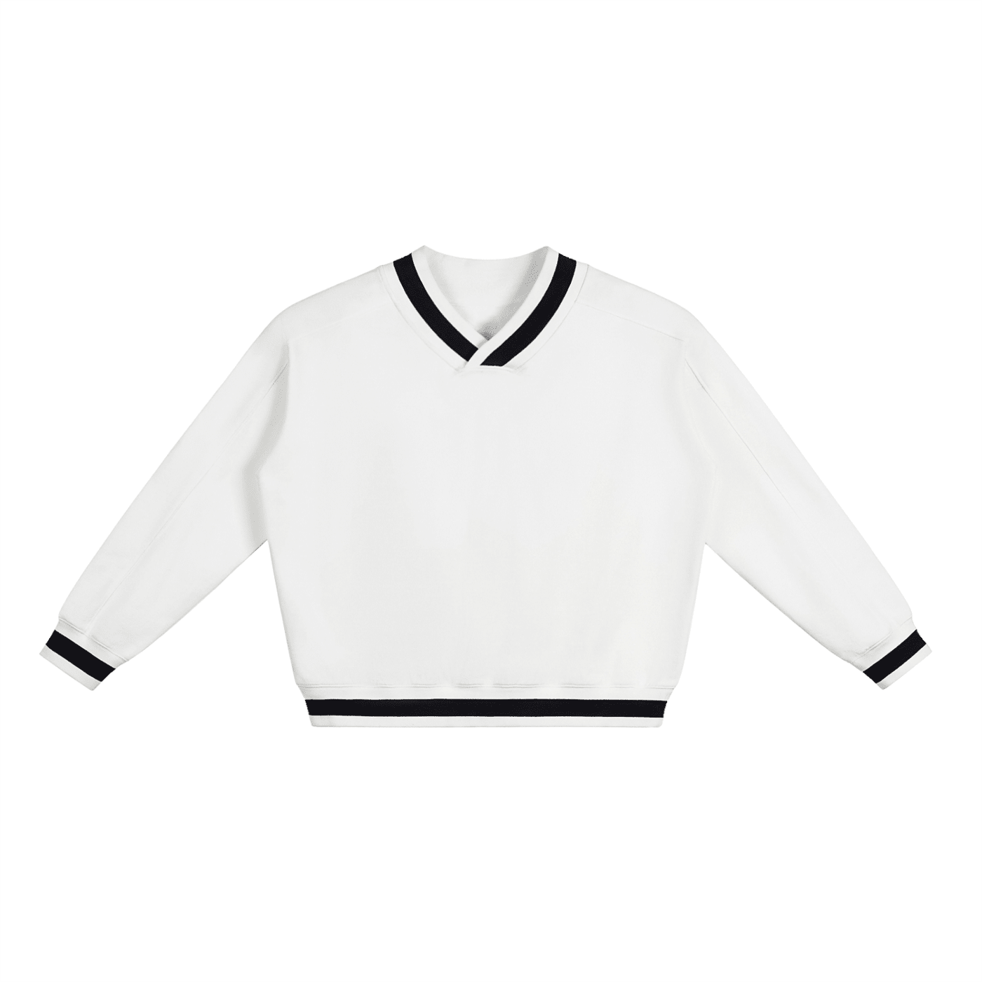 White sweater with black trim on a white background