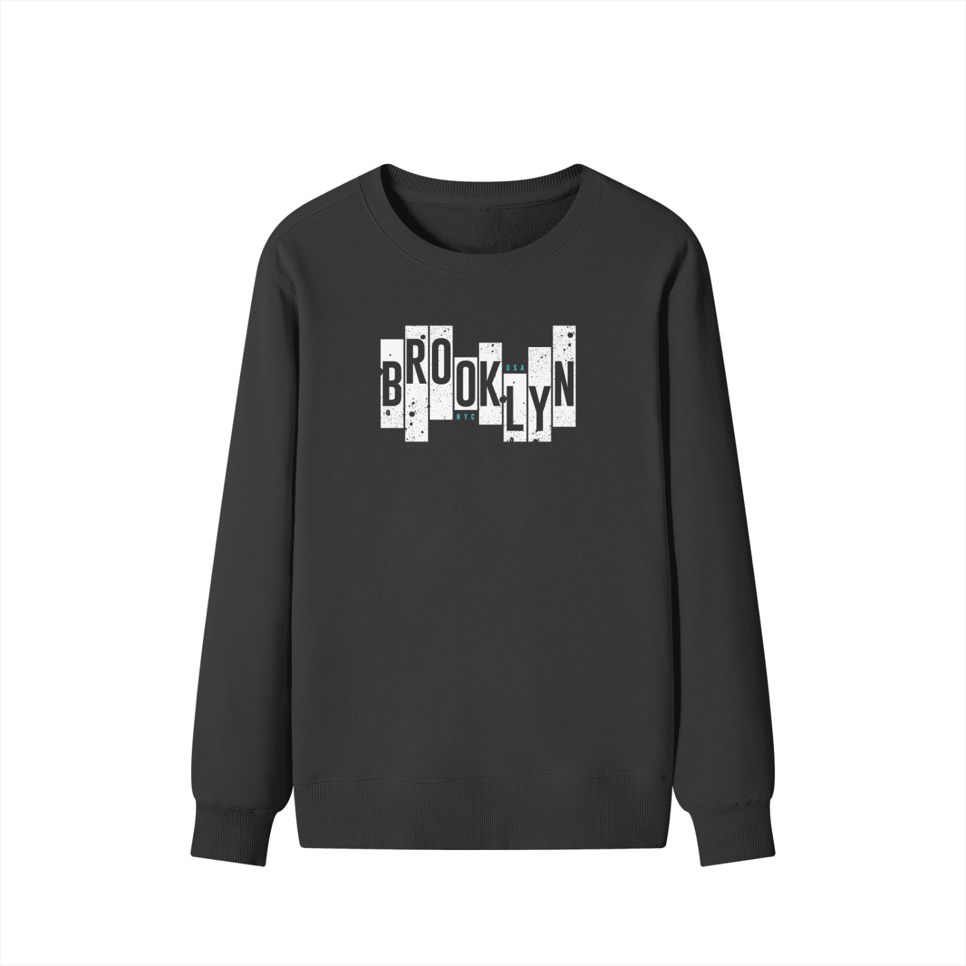 Black sweatshirt with 'Brooklyn' text design on a white background