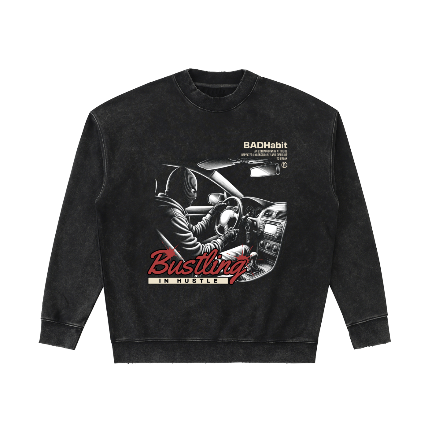 Black sweatshirt with graphic design and text on a white background
