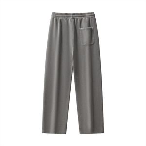 A pair of gray wide-leg sweatpants with an elastic waistband and a single patch pocket on the back right leg, shown against a plain white background.