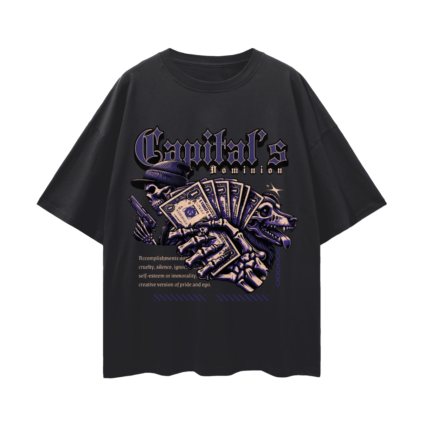 Black t-shirt with graphic design and text on a white background