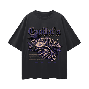 Black t-shirt with graphic design and text on a white background