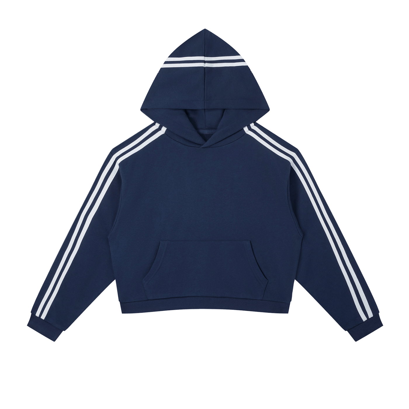 Navy blue hoodie with white stripes on sleeves on a white background