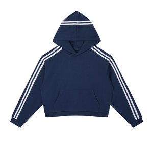 Navy blue hoodie with white stripes on sleeves on a white background