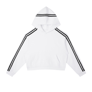 White hoodie with black stripes on sleeves and hood on a white background