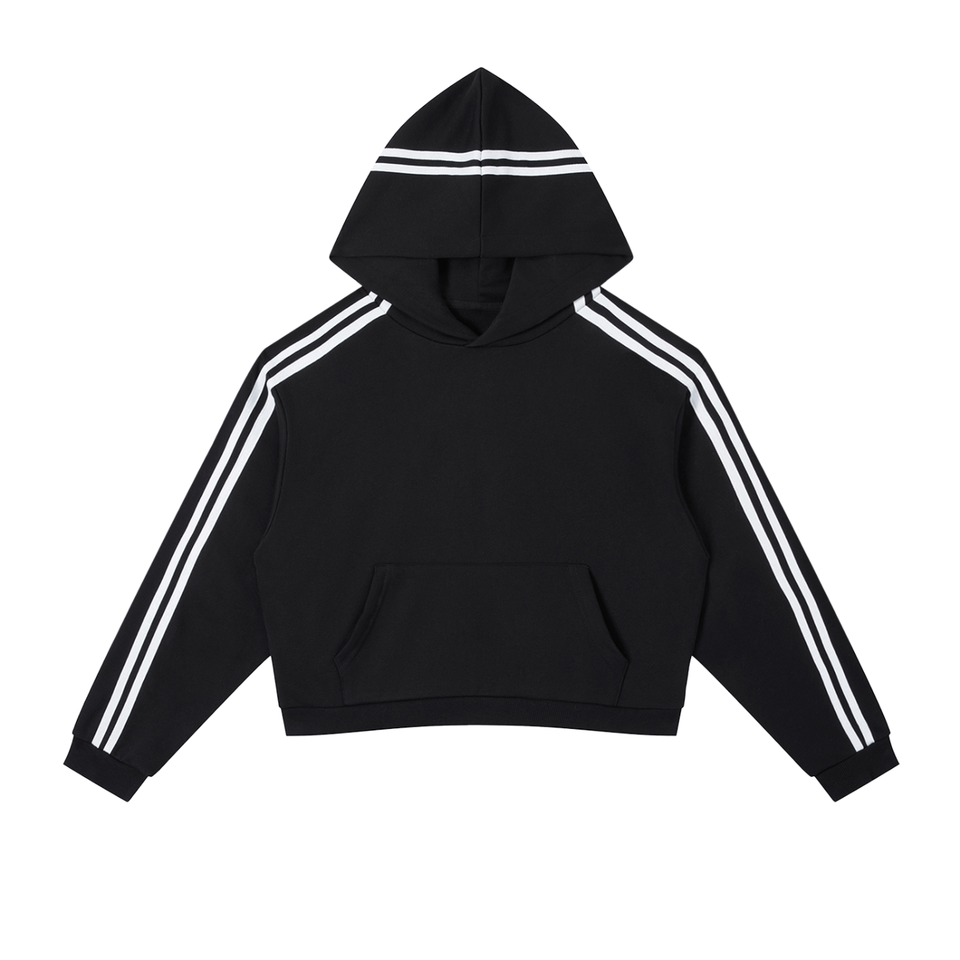 Black hoodie with white stripes on sleeves and hood on a white background