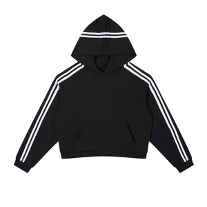 Black hoodie with white stripes on sleeves and hood on a white background
