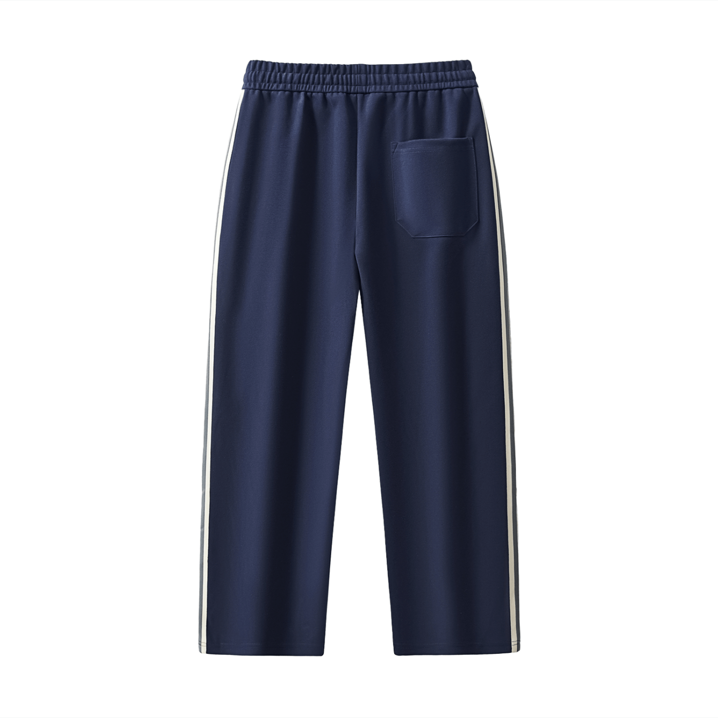 Navy blue pants with white stripes on a white background