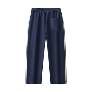 Navy blue pants with white stripes on a white background
