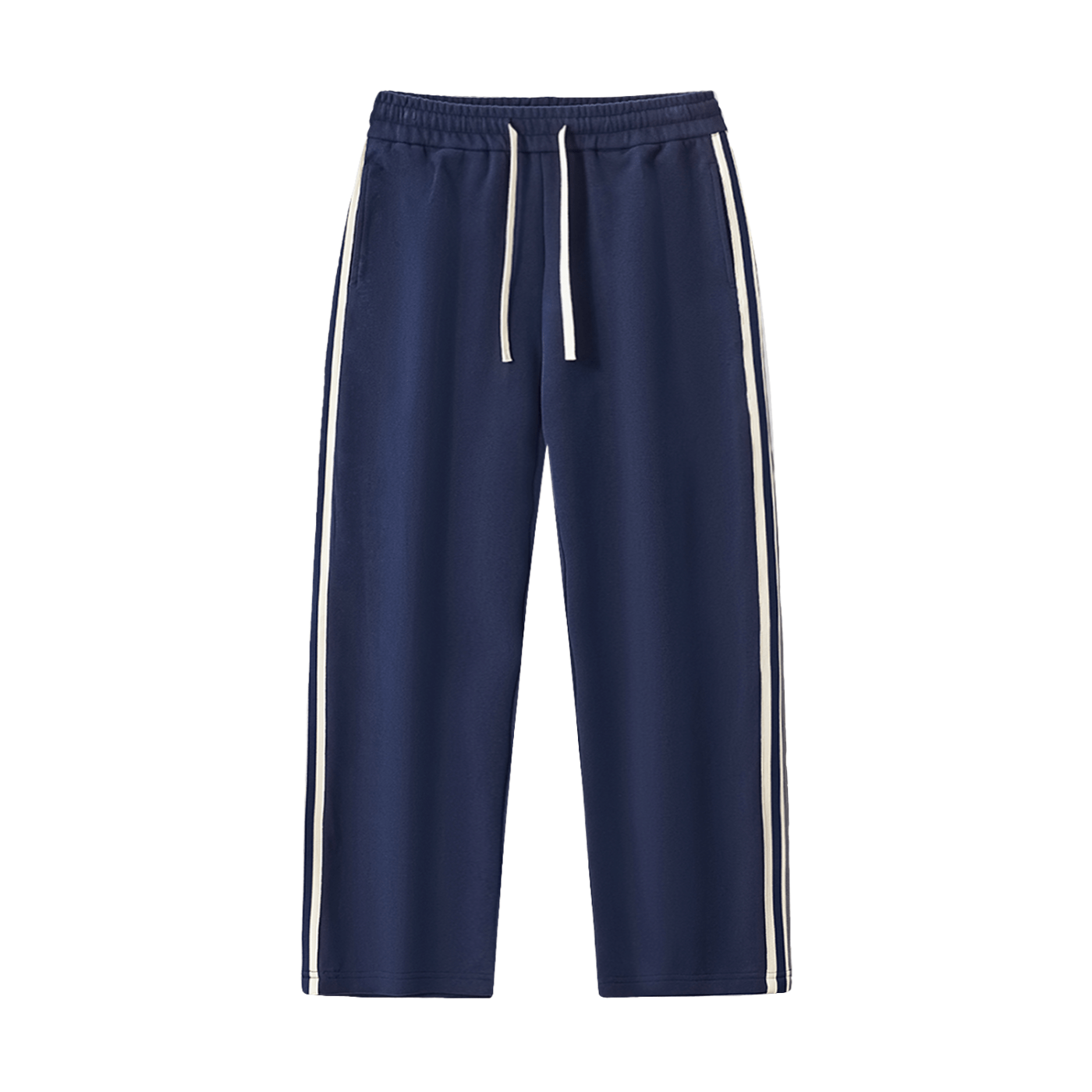 Navy blue pants with white stripes on a white background