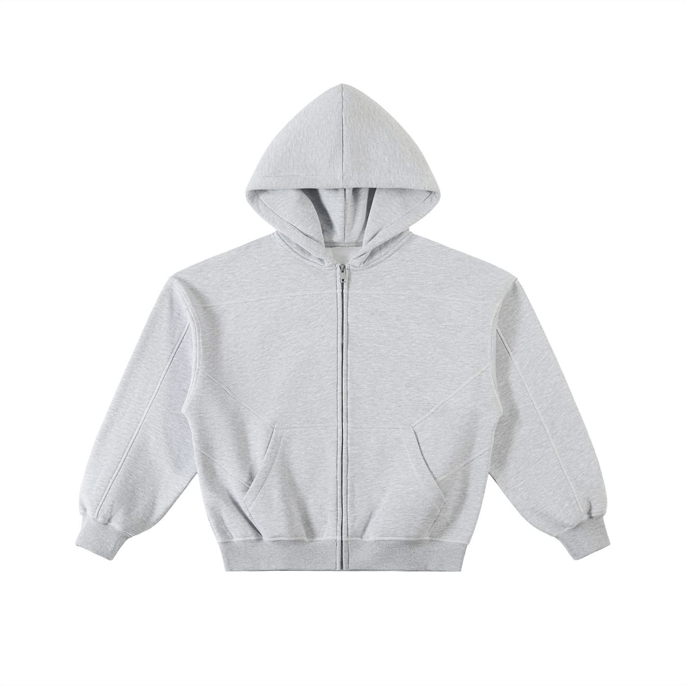 Gray hoodie with a zipper on a white background