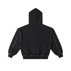 Black hoodie with white stitching on a white background