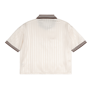 Short-sleeve shirt with striped collar and cuffs on a white background