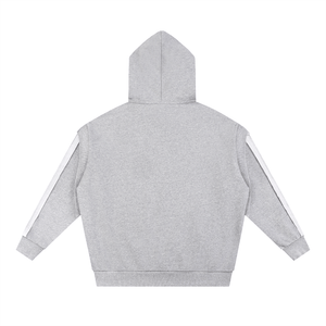 Gray hoodie with white stripes on sleeves on a white background