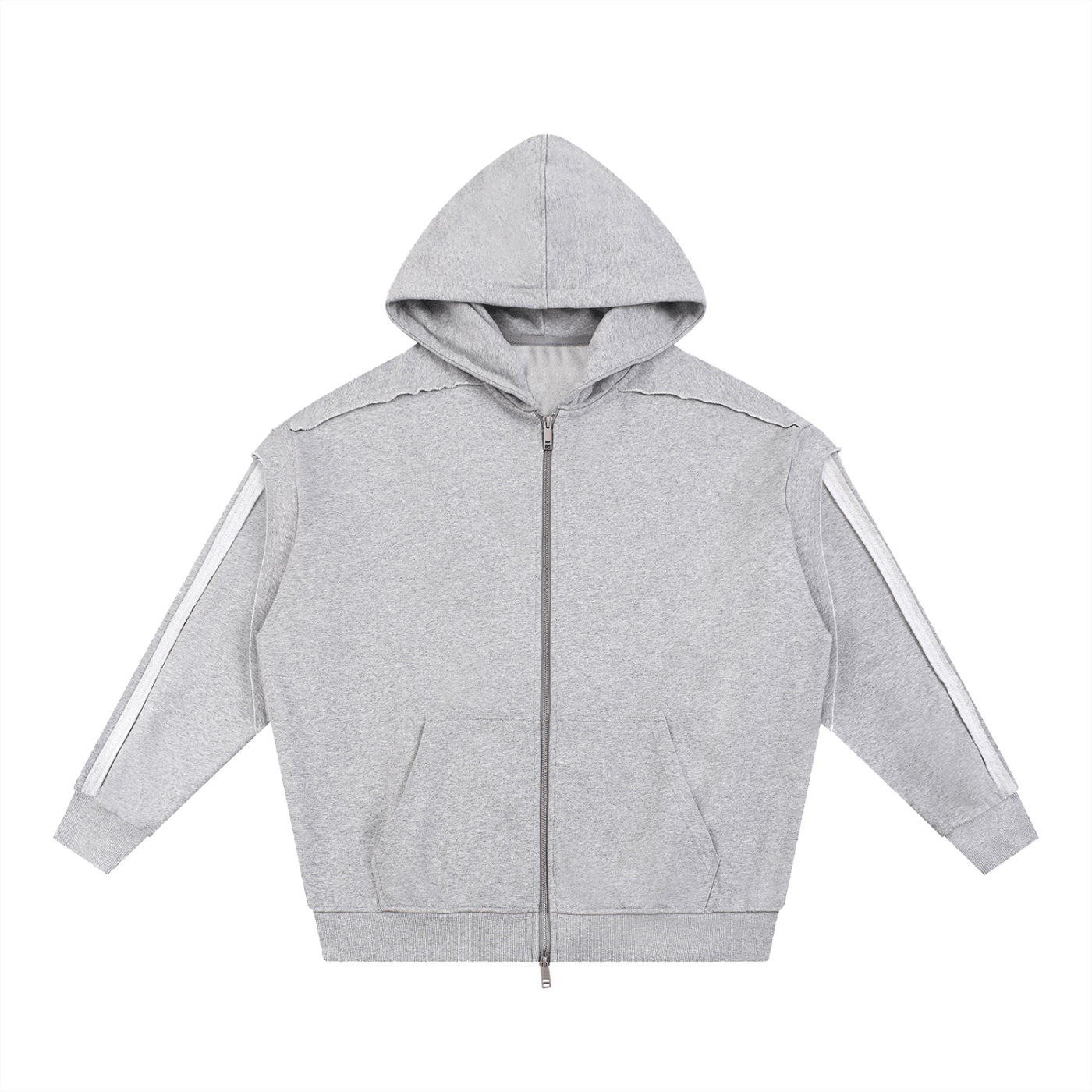 Gray hoodie with white stripes on sleeves on a white background