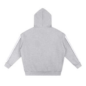 Gray hoodie with white stripes on sleeves on a white background