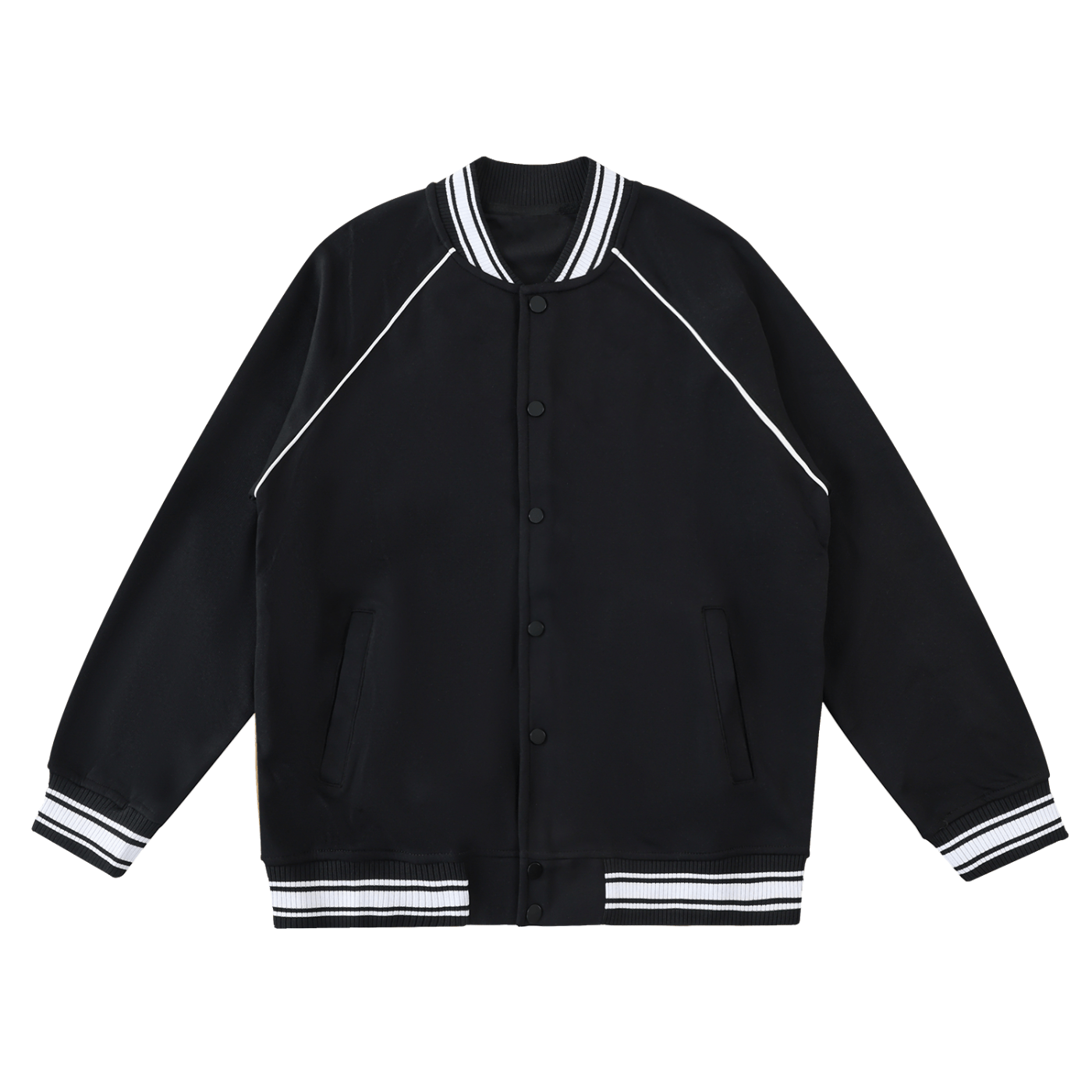 Black varsity jacket with white trim on a white background