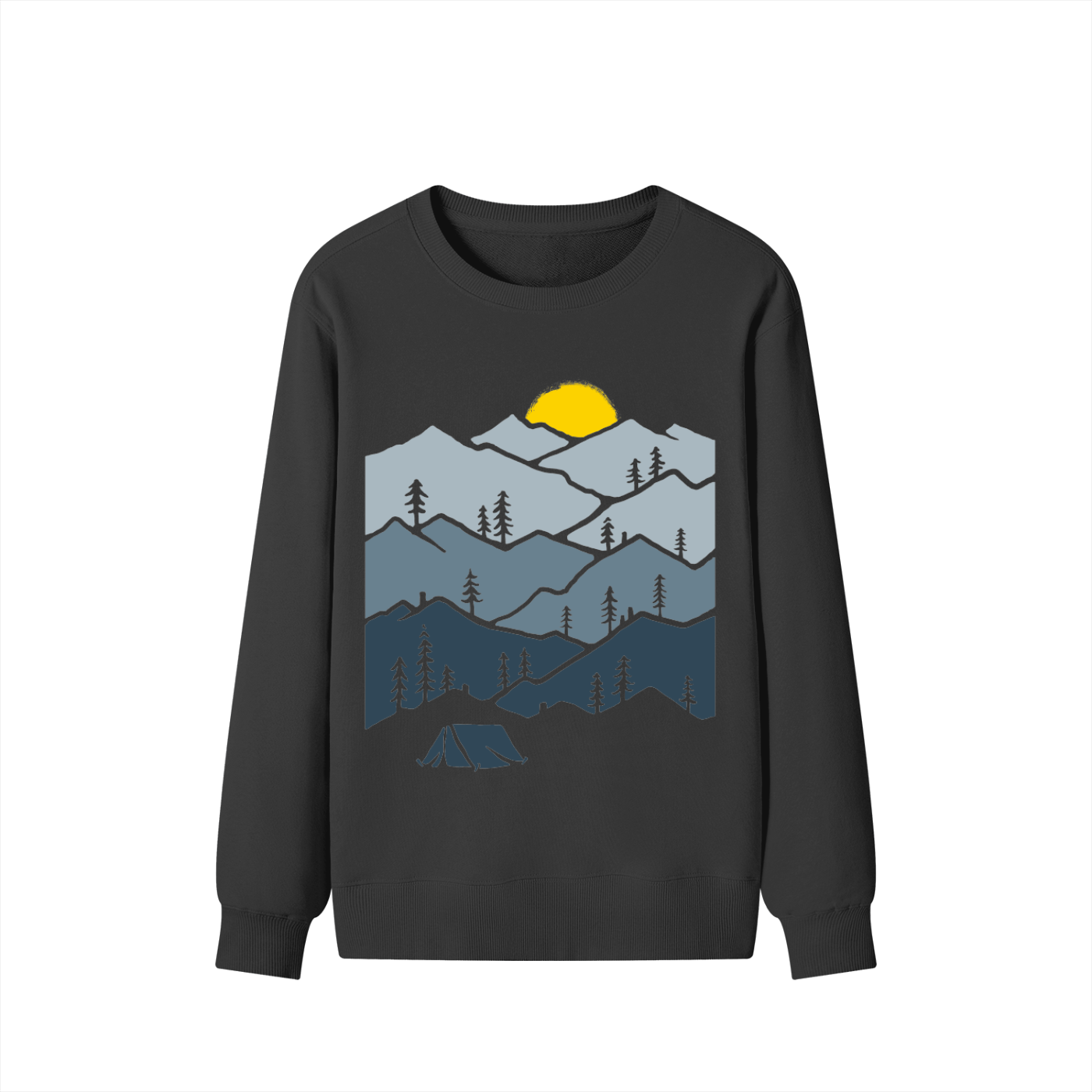 Black sweatshirt with mountain and sunset design on a white background