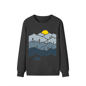 Black sweatshirt with mountain and sunset design on a white background