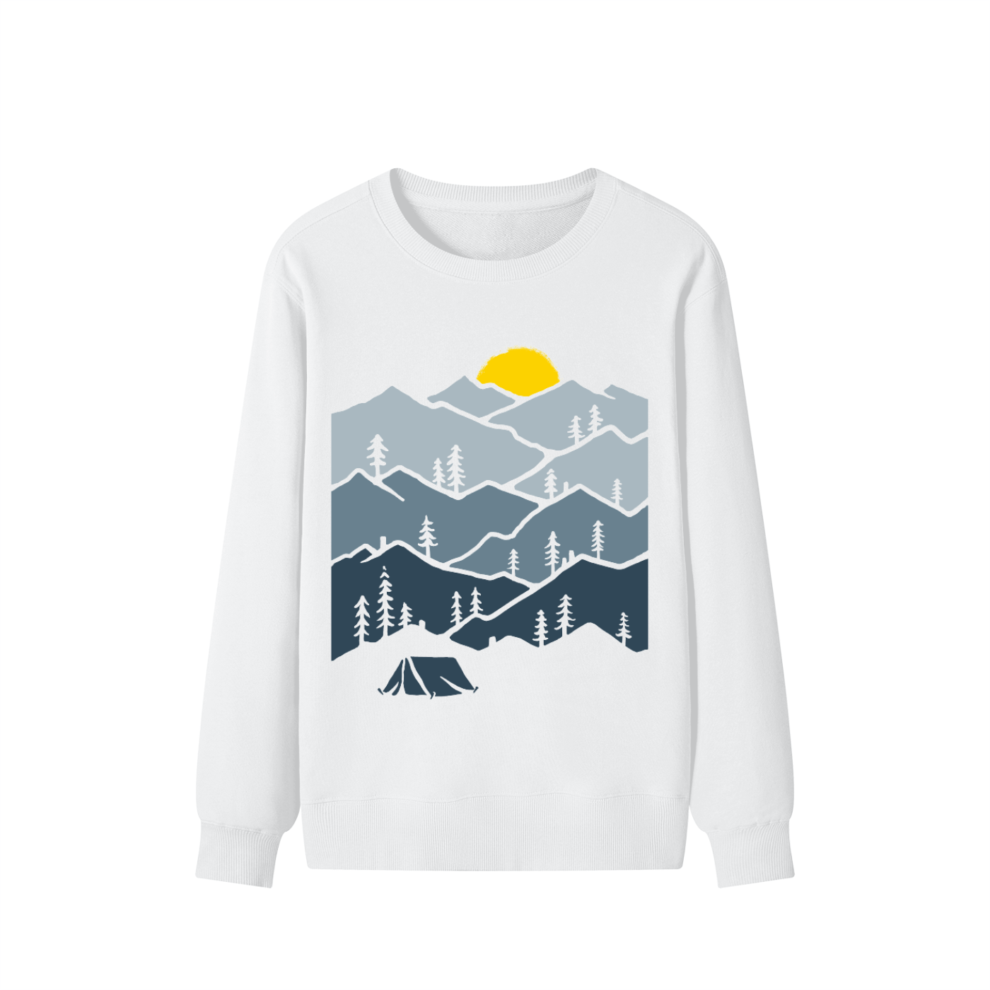 White sweatshirt with mountain and tent design on a white background