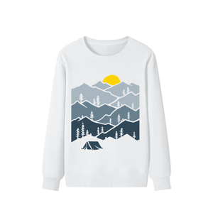 White sweatshirt with mountain and tent design on a white background