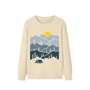 Beige sweatshirt with mountain and tent design on a white background