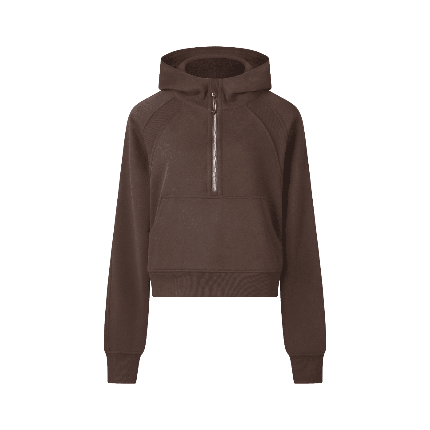 Brown hoodie with a quarter zip on a white background