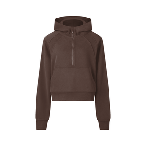 Brown hoodie with a quarter zip on a white background