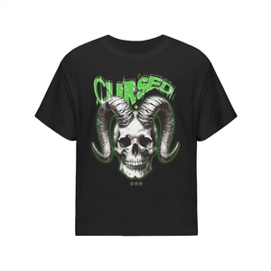 Black t-shirt with a graphic design of a skull with horns and the word 'CURSED' on a white background.