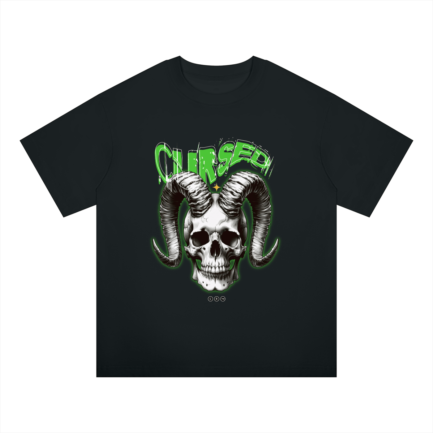 A black short-sleeve t-shirt featuring a graphic of a skull with large curved horns and the word 'Cursed' in green above it, shown on a plain white background.