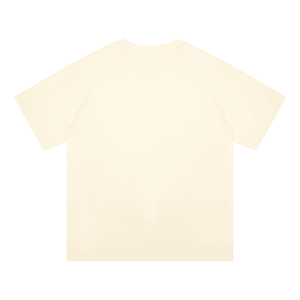 A plain cream-colored short-sleeve t-shirt shown from the back, laid flat against a solid white background.
