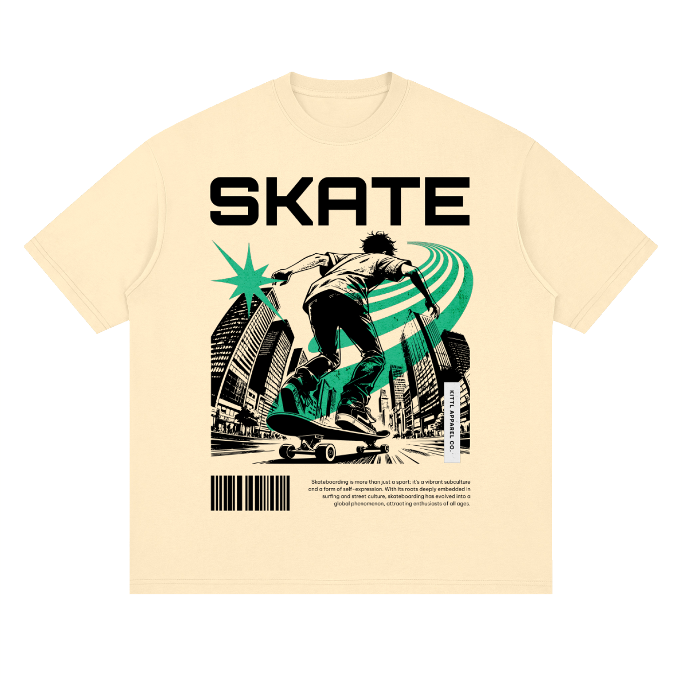 A cream-colored short-sleeve t-shirt with a graphic print of a skateboarder in black and green, featuring the word 'SKATE' in bold black letters above the illustration.