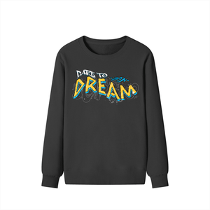 A black crewneck sweatshirt with a colorful graphic on the chest that reads 'DATE TO DREAM' in yellow, blue, and white stylized lettering, shown against a plain white background.