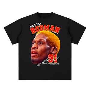 Black t-shirt with a graphic of a person's face and text on a white background