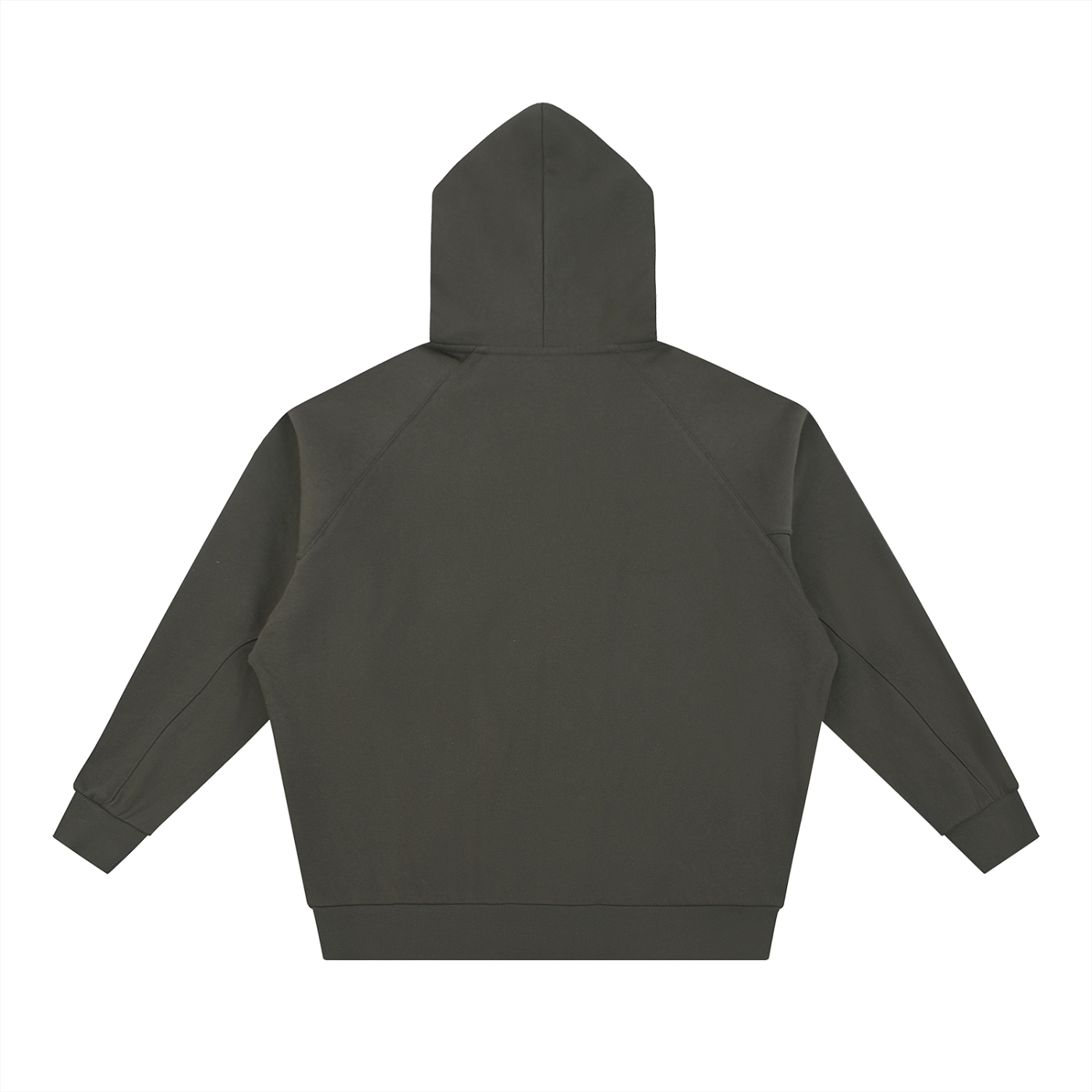 Dark gray hoodie shown from the back on a white background