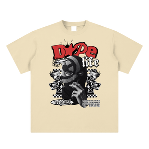 Beige t-shirt with graphic design featuring a person and text on a white background