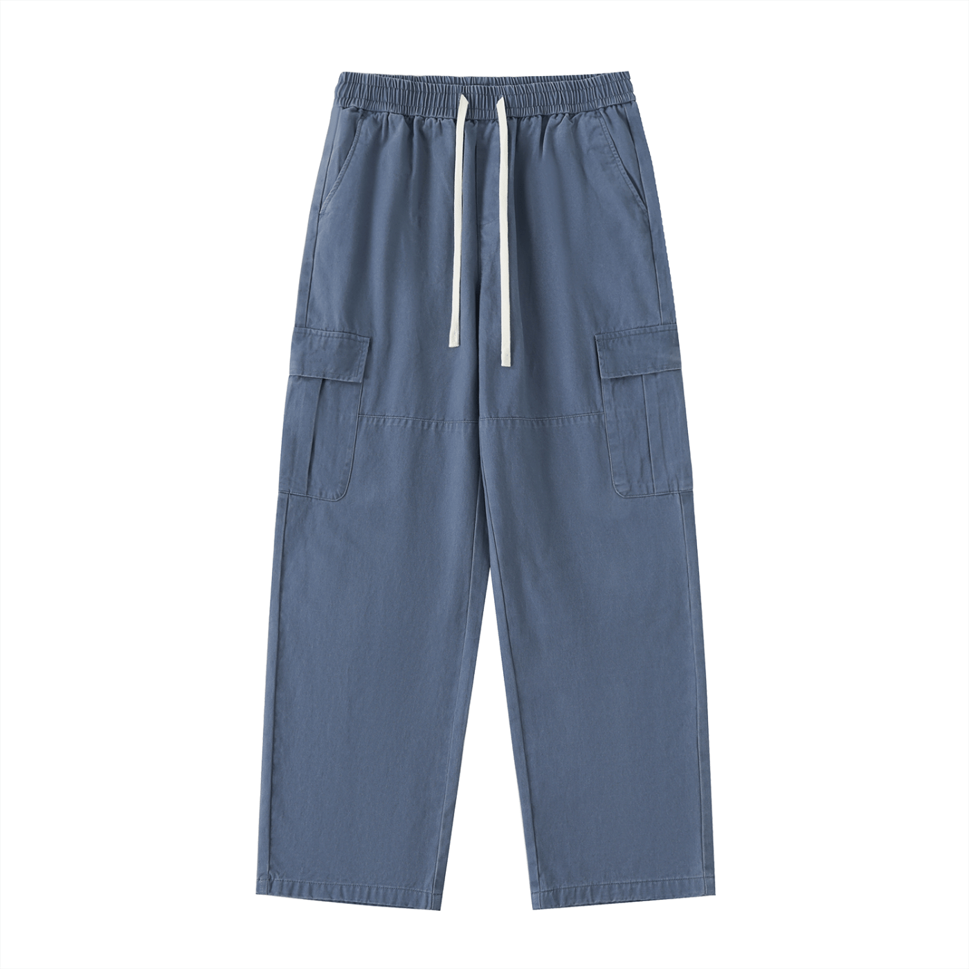Blue cargo pants with drawstring on a white background