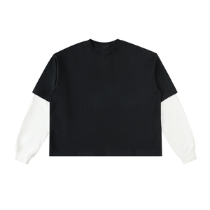 Black and white t-shirt with a small logo on a white background